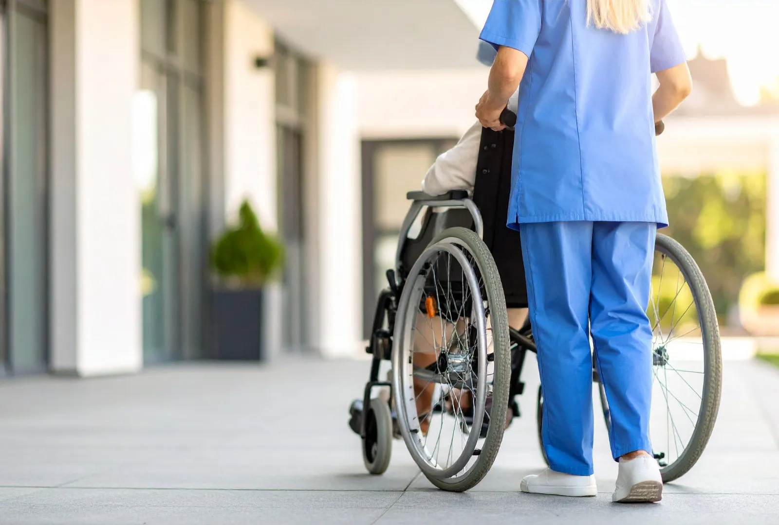 nurse pushing elderly in a wheel chair